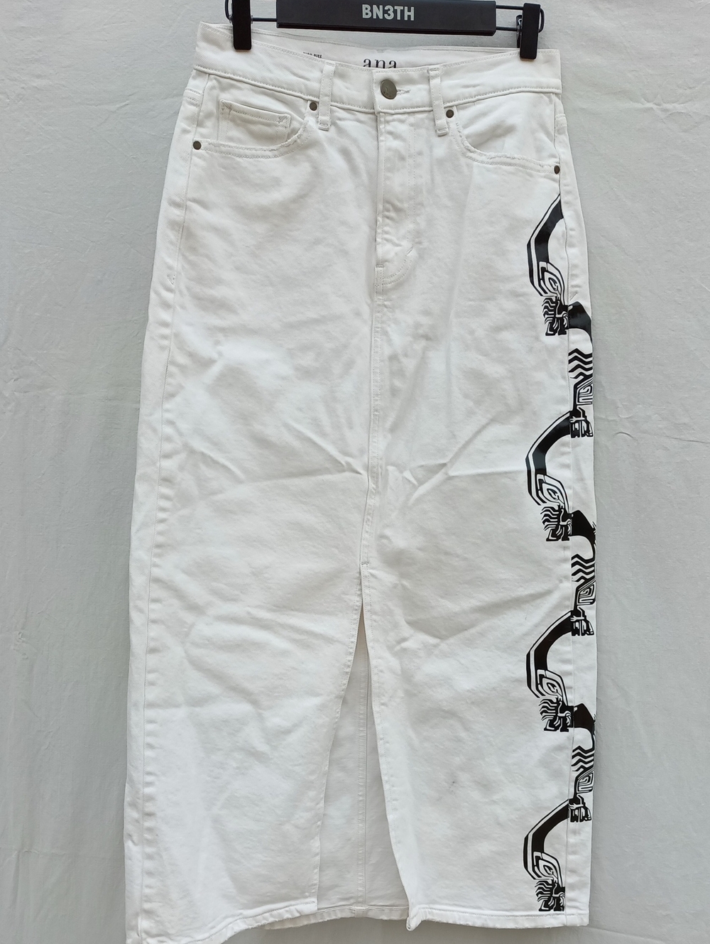 A.N.A White High Waist A-Line Denim Skirt with Black Skull Side Graphic And Slit